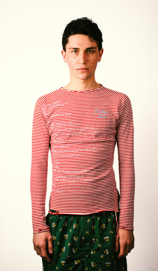 Sweater L/S Stripes White Red Calligraphic